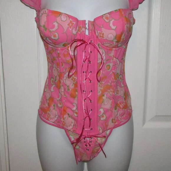 Pink Floral Zip and Lace Up Front Corset Set - NEW - Picture 2 of 10